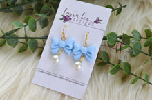 Bow Clay Earrings || Light Blue with Pearls || Made to Order
