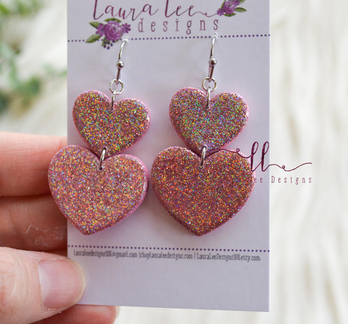 Heart Clay Earrings || Light Pink Holographic Glitter || Made to Order