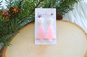 Star Stud Christmas Tree Resin Earrings || Pink and White Glitter