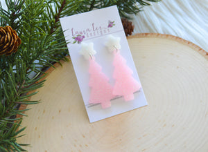 Star Stud Christmas Tree Resin Earrings || Pink and White Glitter