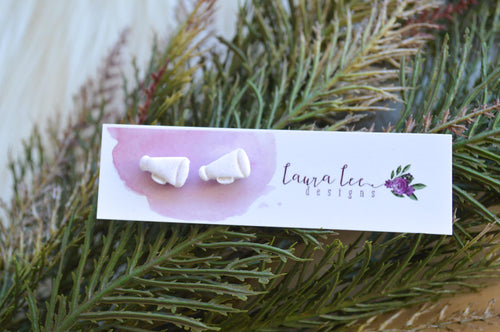 Cheerleader Clay Stud Earrings || White Glitter Megaphone