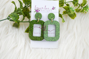 Rounded Rectangle Resin Earrings || Moss Green Glitter