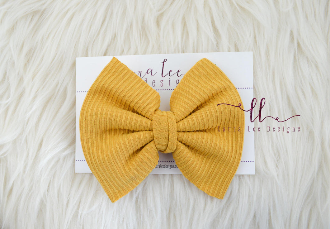 Large Julia Messy Bow Style Bow || Mustard Yellow Rib Knit || Clip Only