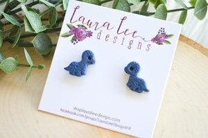 Dinosaur Clay Stud Earrings || Navy Blue Brontosaurus || Made to Order