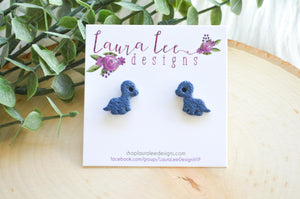 Dinosaur Clay Stud Earrings || Navy Blue Brontosaurus || Made to Order