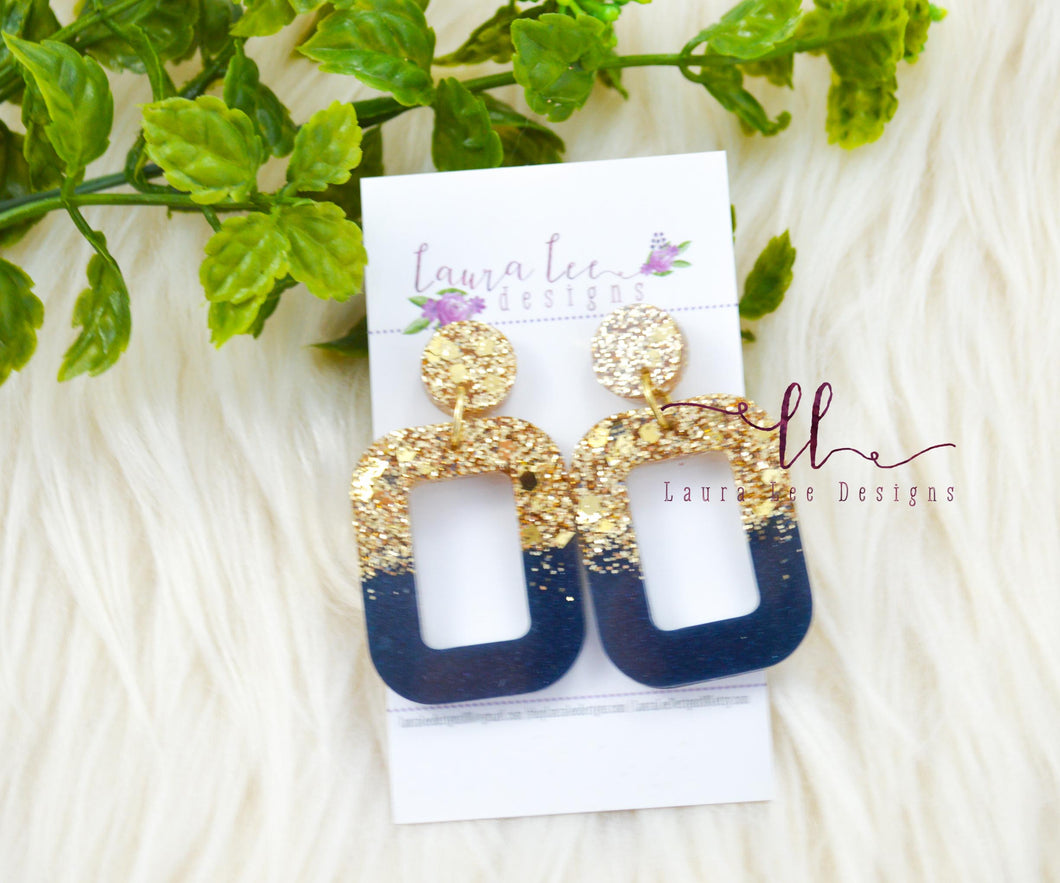 Rounded Rectangle Resin Earrings || Navy Blue and Gold