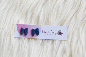 Bow Clay Stud Earrings || Navy Blue || Made to Order
