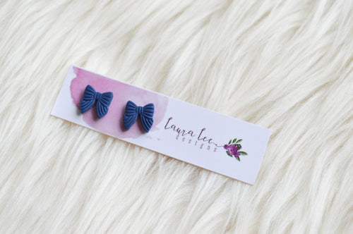 Bow Clay Stud Earrings || Navy Blue || Made to Order