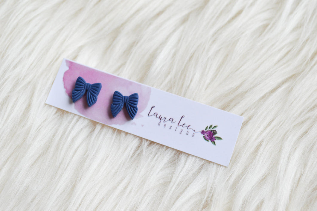 Bow Clay Stud Earrings || Navy Blue || Made to Order