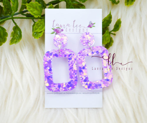 Rounded Rectangle Resin Earrings || Neon Purple Chunky Glitter