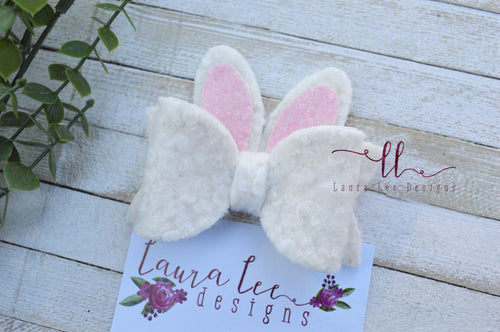 Izzy Style Bunny Bow || Furry Off White with Light Pink Glitter Ears