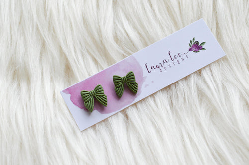 Bow Clay Stud Earrings || Olive Green || Made to Order