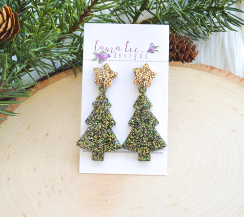 Star Stud Christmas Tree Resin Earrings || Olive Green Glitter with Gold Star