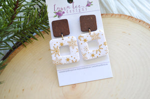 Open Square Clay Earrings || Gold and White Snowflakes