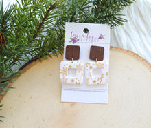 Open Square Clay Earrings || Gold and White Snowflakes