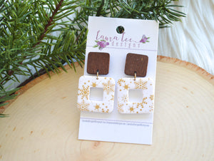 Open Square Clay Earrings || Gold and White Snowflakes