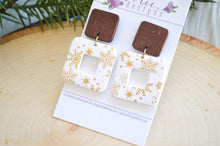 Open Square Clay Earrings || Gold and White Snowflakes