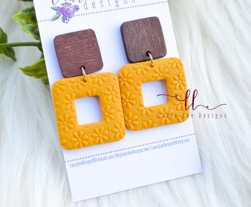 Open Square Clay Earrings || Mustard Yellow Daisy