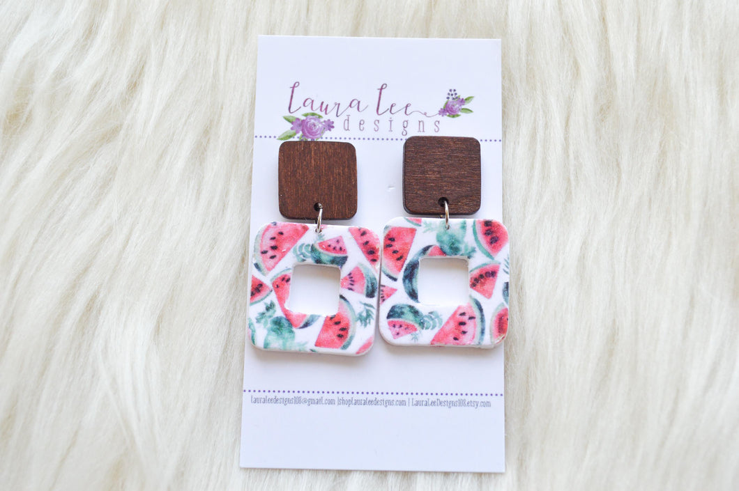 Open Square Clay Earrings || Watermelon