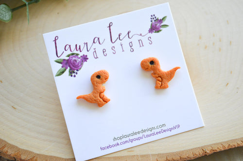 Dinosaur Clay Stud Earrings || Orange T-Rex || Made to Order