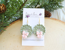 Christmas Wreath Clay Earrings || Pastel Green and Pink|| Made to Order