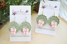 Christmas Wreath Clay Earrings || Pastel Green and Pink|| Made to Order