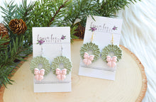 Christmas Wreath Clay Earrings || Pastel Green and Pink|| Made to Order