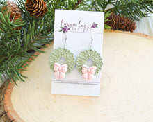 Christmas Wreath Clay Earrings || Pastel Green and Pink|| Made to Order