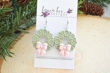 Christmas Wreath Clay Earrings || Pastel Green and Pink|| Made to Order