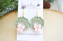 Christmas Wreath Clay Earrings || Pastel Green and Pink|| Made to Order