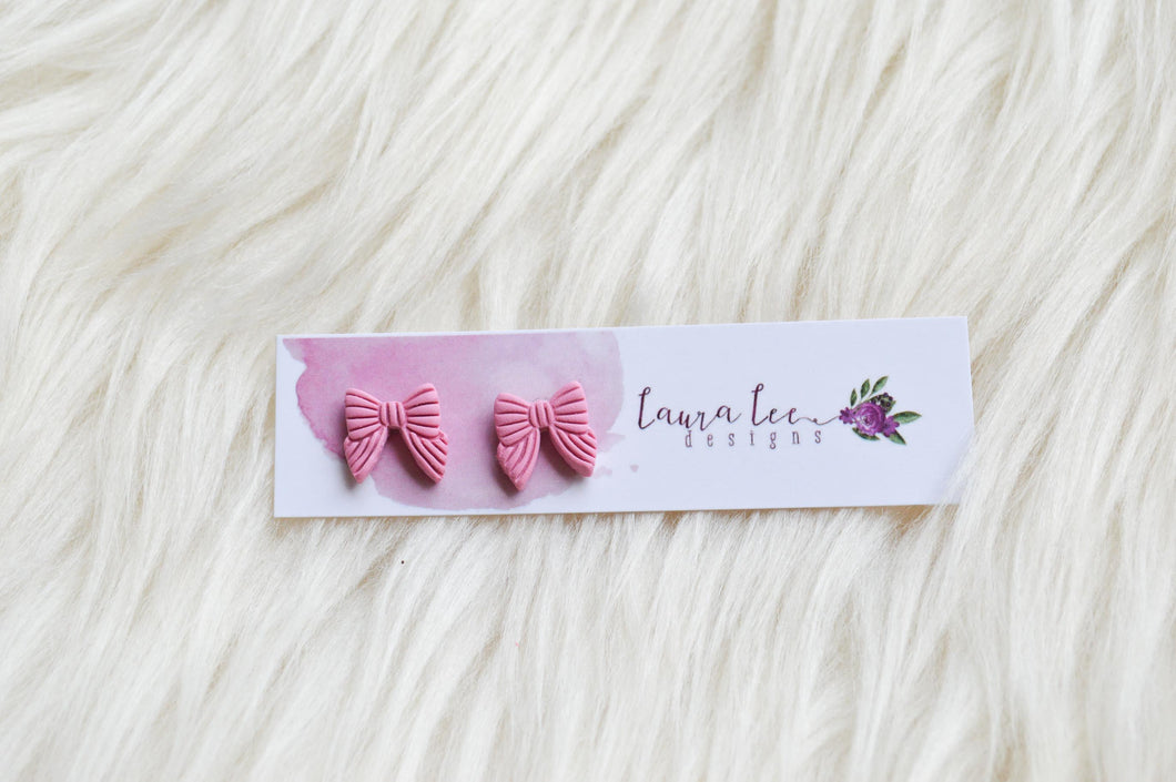 Bow Clay Stud Earrings || Bubblegum Pink