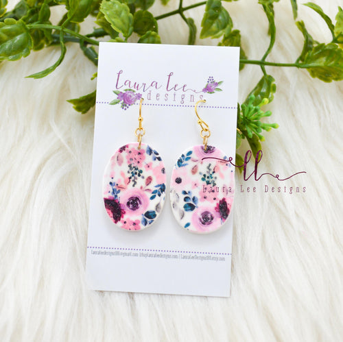 Oval Clay Earrings || Pink Floral