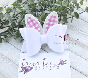 Izzy Style Bunny Bow || Fuzzy White with Pink Gingham Ears