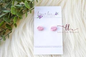 Lips Clay Stud Earrings || Light Pink Holographic Glitter