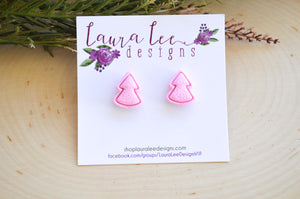 Christmas Tree Clay Stud Earrings || Pink