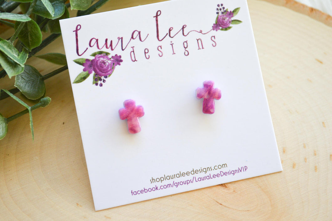 Clay Stud Earrings || Purple Crosses