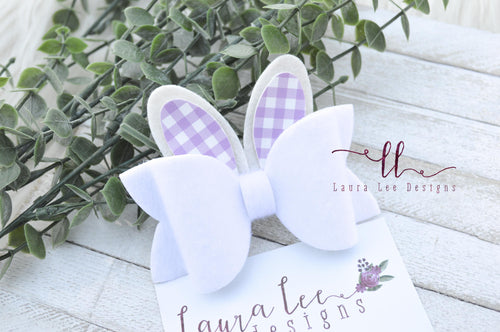 Izzy Style Bunny Bow || Fuzzy White with Purple Gingham Ears