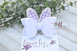 Izzy Style Bunny Bow || Fuzzy White with Purple Gingham Ears