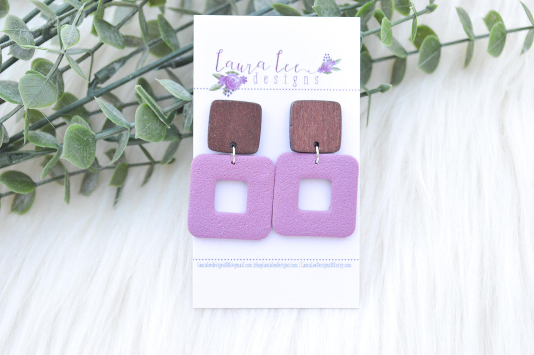 Open Square Clay Earrings || Purple