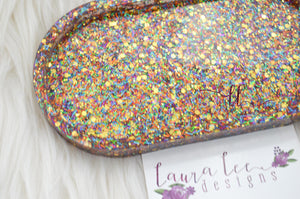 Oval Resin Trinket Tray || Rainbow Confetti Glitter