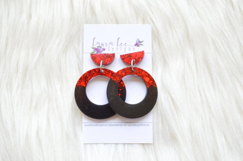 Stud Circle Resin Earrings || Red and Black Glitter