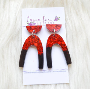 Stud Arch Resin Earrings || Red and Black Glitter