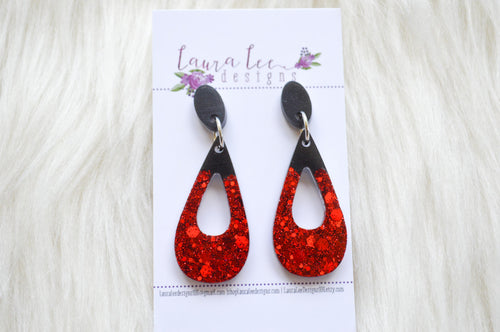 Stud Teardrop Resin Earrings || Red and Black Glitter