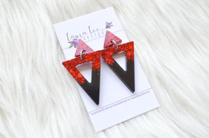 Stud Triangle Resin Earrings || Red and Black Glitter