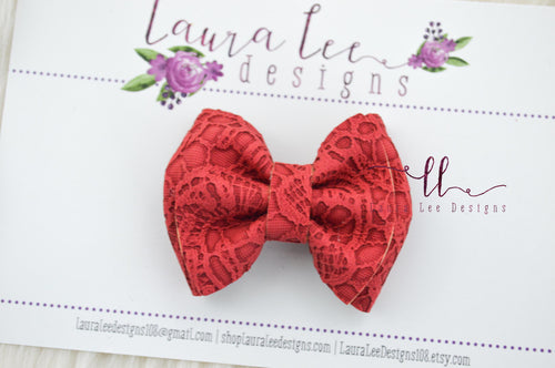 Mini Millie Bow Style || Red Embossed Lace Vegan Leather
