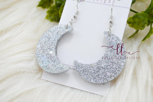 Resin Moon Earrings || Silver Stars Glitter