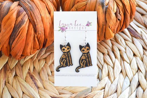 Wood Cats Earrings || Skeleton Kitty