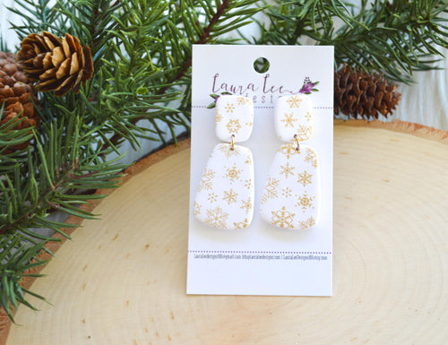 Skinny Hope Clay Earrings || Gold and White Snowflakes || Made to Order
