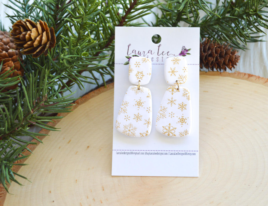 Skinny Hope Clay Earrings || Gold and White Snowflakes || Made to Order