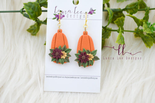 Skinny Pumpkins Clay Earrings || Orange with Burgundy and Mustard Yellow Floral